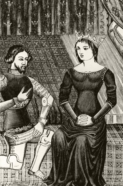 Sir Lancillotto si inginocchia davanti alla Regina Ginevra, inciso da una miniatura del XII secolo da English School